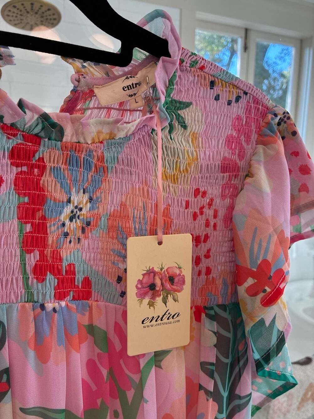 Entro Floral Smocked Mini Dress, Women's Large NWT